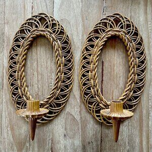 Vintage Burwood Brown Faux Rattan Wicker  Wall Sconces Oval Retro 1970s 14”